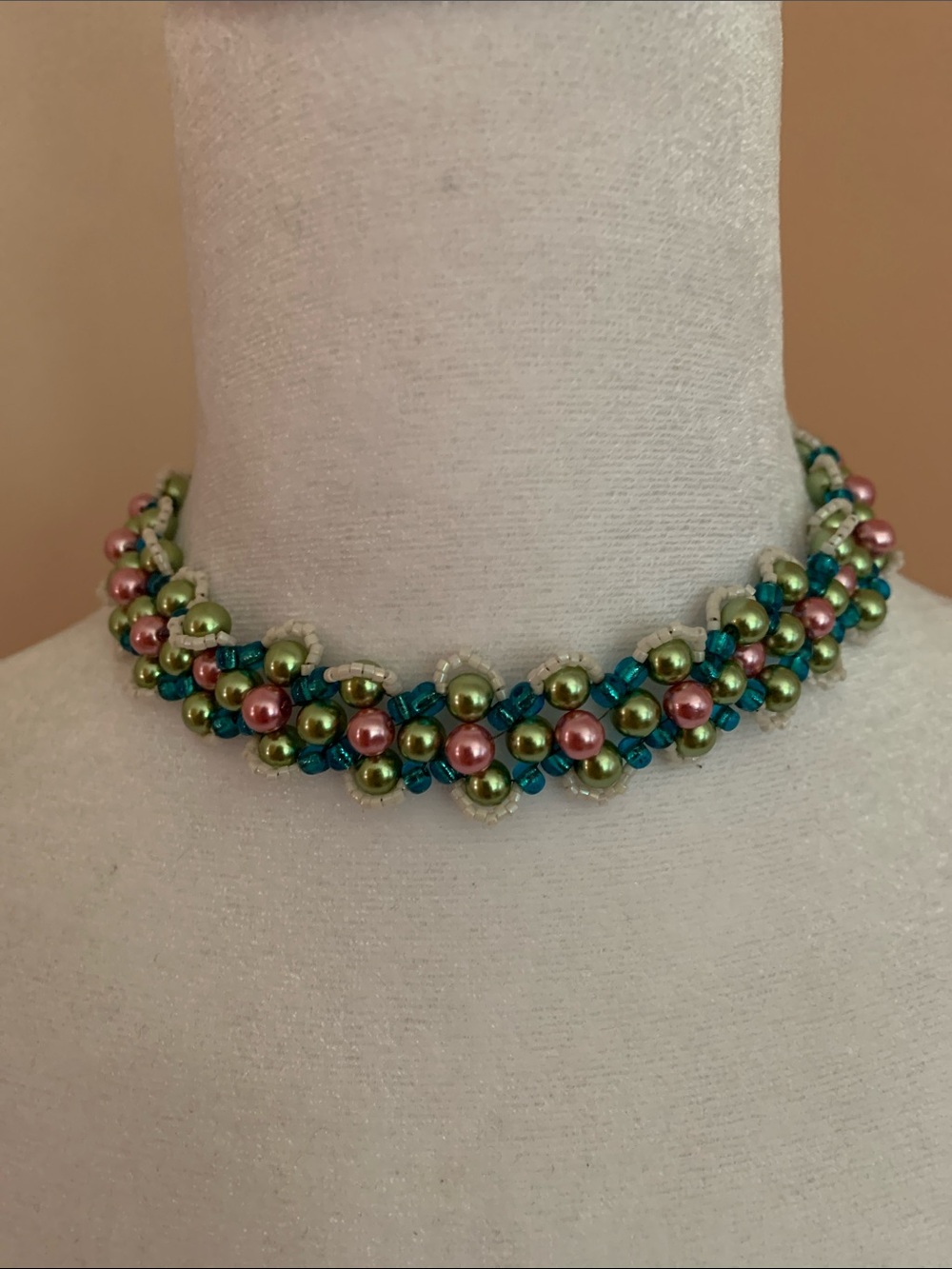 Vintage bead crocheted , Green and Teal Beaded Choker Necklace